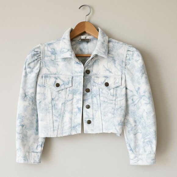 Elie Tahari Womens Denim Cropped Floral Printed Jean Jacket SMALL White - Picture 1 of 10